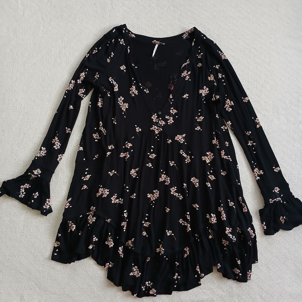 free people ♡ olivia printed tunic top dark boho babydoll medium whimsical - Picture 2 of 15